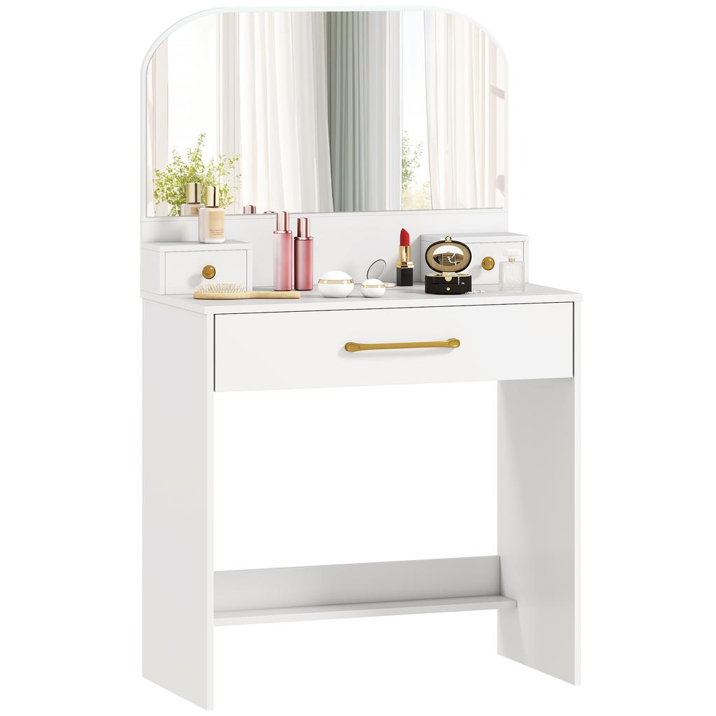 Vanity Table with Mirror, Compact Vanity Table with 3 Drawers, White