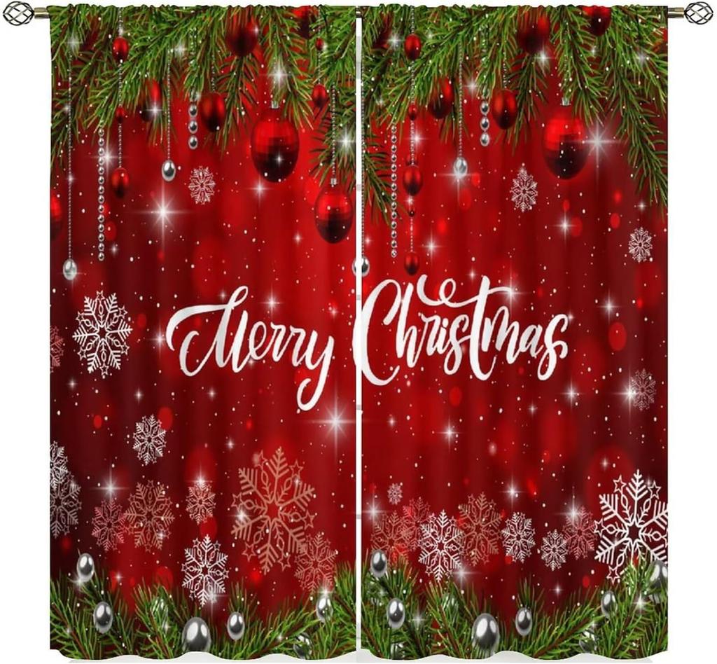 Christmas Curtains Red White Snowflakes Xmas Merry New Year Winter Holiday Party Decor Window Drapery Treatments Curtain Made Of Polyester