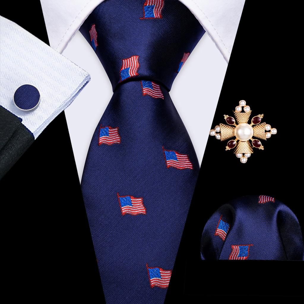 Pearl Brooch with Silk Tie for Men Vintage Floral Teal Necktie Hanky Cufflinks Gift Formal Set