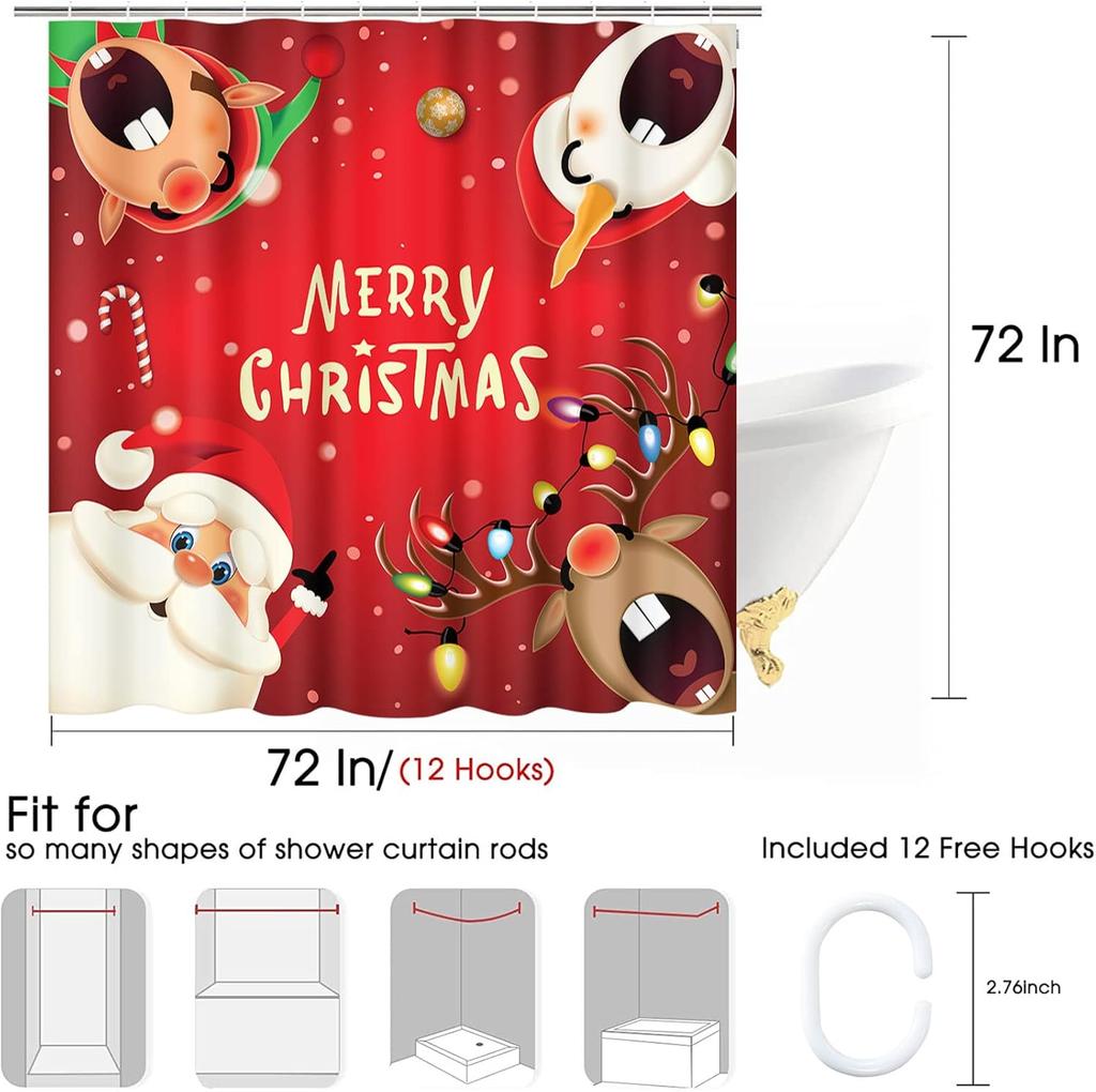 Christmas Snowman Shower Curtain For Bathroom, Funny Cartoon Santa Claus Elf Reindeer Polyester Red Fabric Shower Curtain