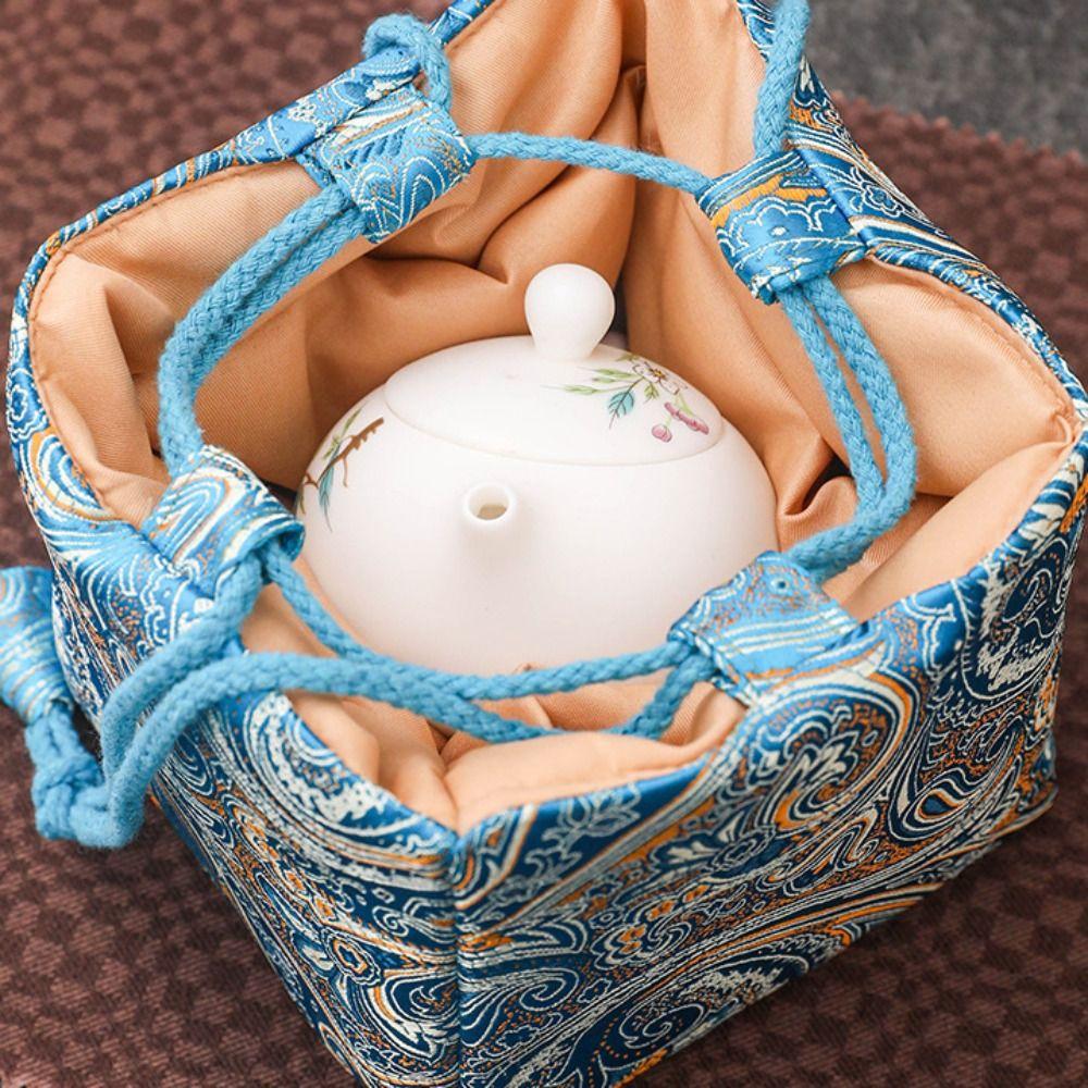 Print Teacup Drawstring Cloth Pouch Chinese Style Small Item Pouch Retro Embroidered Handbag  Purse