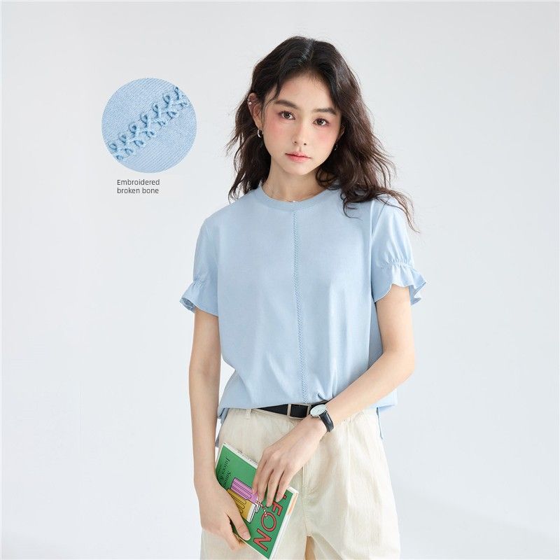 

Designer Model Zodannu Light Wear Pure Cotton Broken Bone Puffed Sleeves round Neck Short Sleeve T-shirt Female 18325505 06 Light Blue S