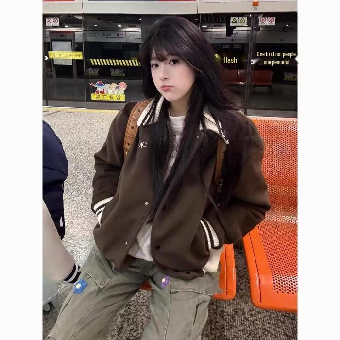 2025 Autumn Letter Design Lapel Clip-up Loose Korean Baseball Jacket Medium