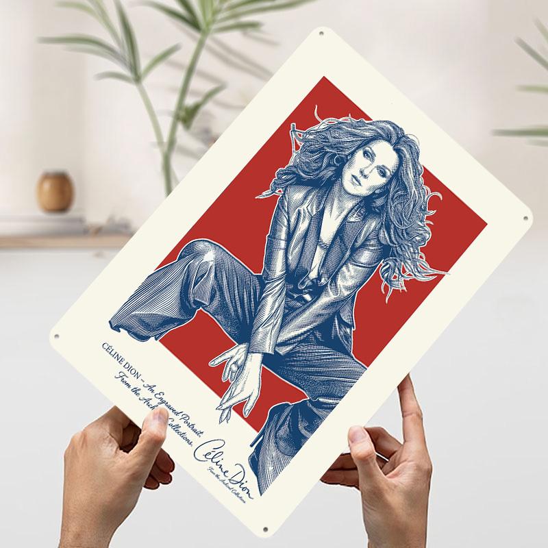 Celine Dion Engraved Portrait D Texture Metal Poster Customized Wall Art Tin Sign Gift for Mancave Room Decoration Aesthetic