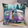 Happy Campers Pillow Case Double Print Decor Cartoon House Travel Car Cushion Cover for Sofa Home Soft Plush Pillowcase