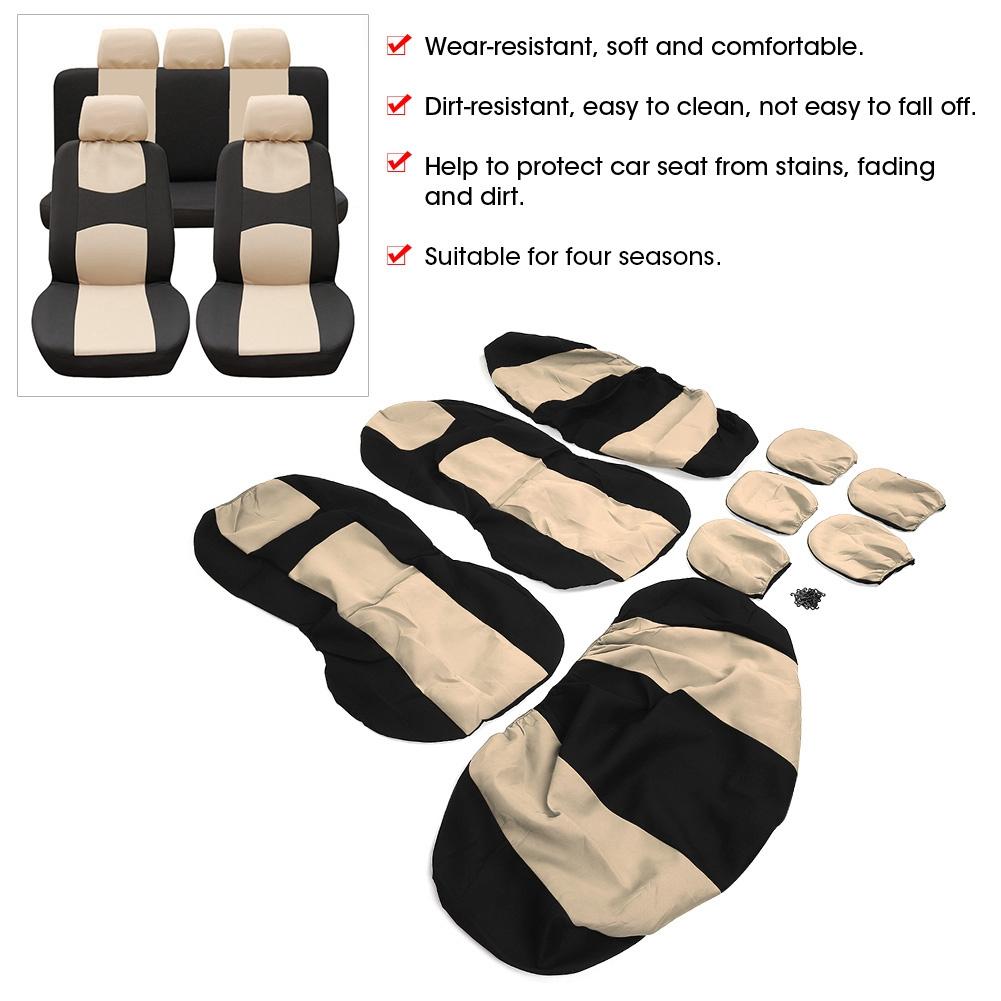 9pcs Auto Seat Cover Protector Set Breathable Dustproof Universal Accessory for 5Seats CarBeige