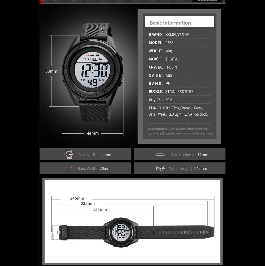Buy Skmei Men Male Sport Watch LED Back Light Digital Display Alarm Fashion  Wrist Watch 1638 at affordable prices — free shipping, real reviews with  photos — Joom