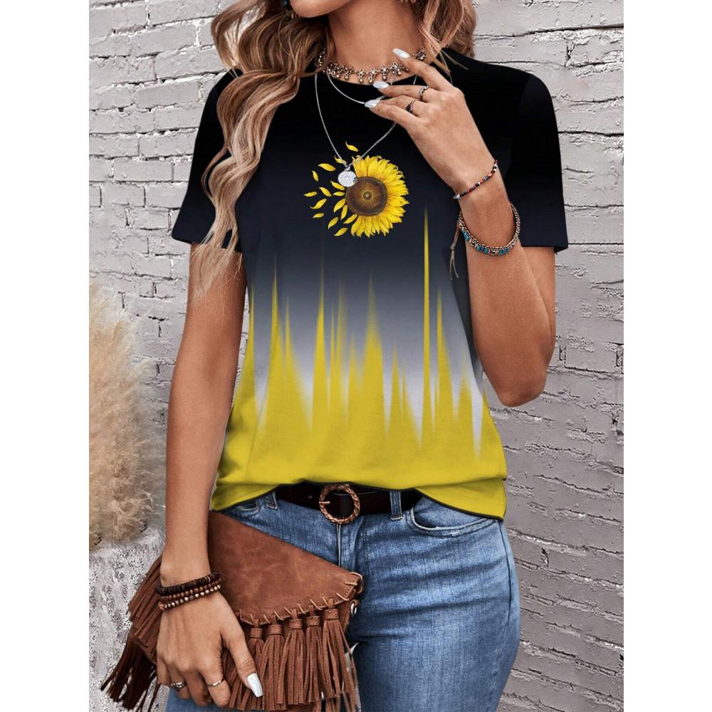 Casual And Simple Sunflower Tie Dye Printed Round Neck Short Sleeve Women's T-Shirt, Suitable For Summer