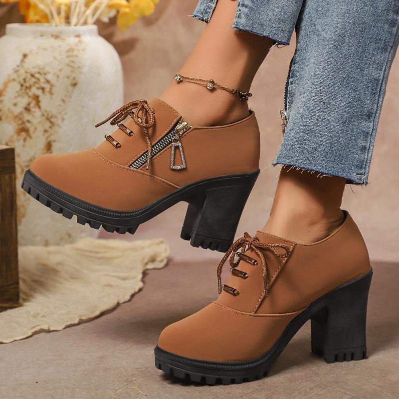 Blockabsatzschuhe, Kurze Stiefel, Damen Retro Rundspitze, Übergröße Hochstiefel, Schnürstiefel