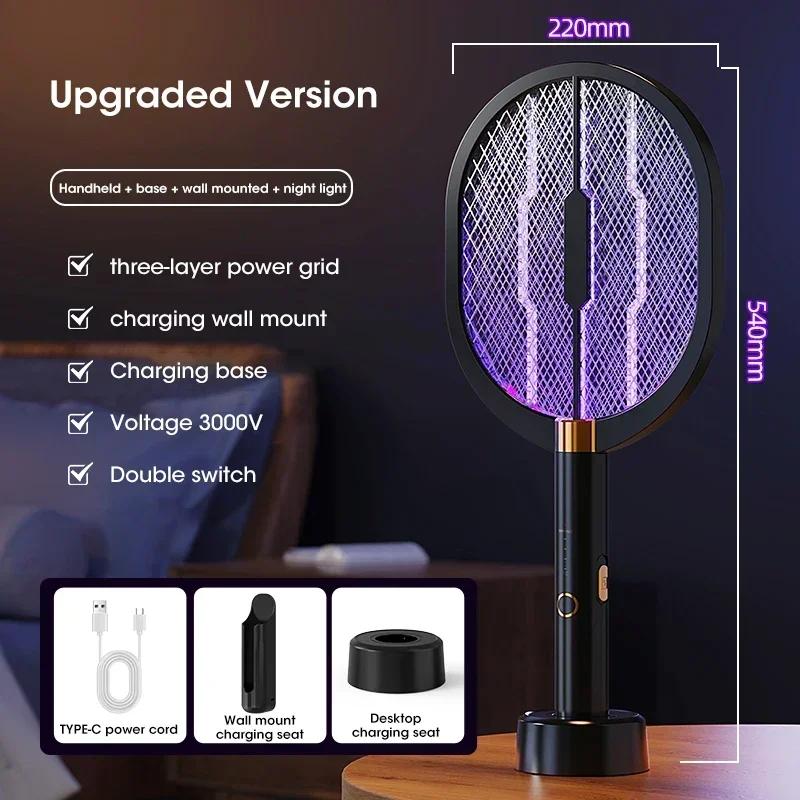 Electric Mosquito Swatter with UV Light, Rechargeable 3000V Electric Insect Killer for Indoor/Outdoor Home Garden Camping Travel