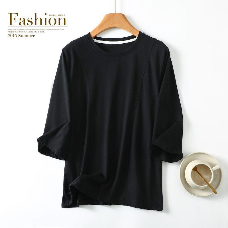 

Summer Thin round Neck 3/4 Sleeves T-shirt Inner Wear Casual Tops Women s Pure Color Plus Size Loose Slim Looking Bottoming Shirt Black XL (50.00 kg-62.50 kg recommended