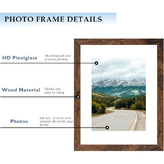 8x10 Picture Frame with 6x8 Mat Deep Brown, Display 6x8 with Mat or 8x10 Without Mat, Wood 8 by 10 Photo Frame, 8 x 10 Frame for Wall Hanging and