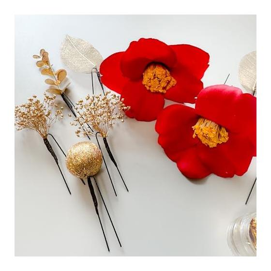 Tsubaki Hair Accessory for Coming-of-Age Ceremony, Dried Flowers, Gold Mizuhiki, Ball Kanzashi, Gold Leaf, for Graduation Ceremony, Wedding,