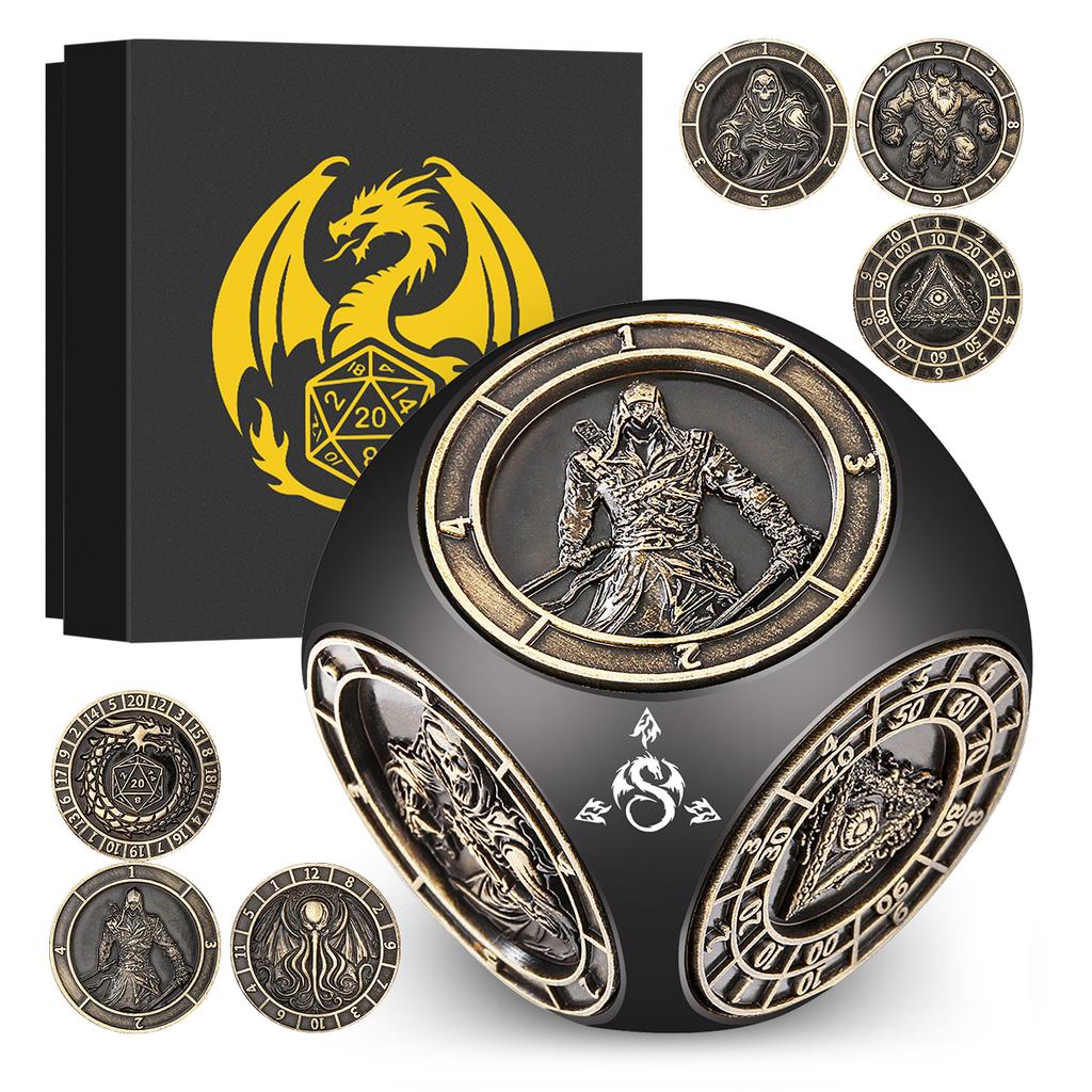 Partygeschenk Sechs-in-Eins Metall Drehende Würfel RPG Rollenspiel mit Sechs Verschiedenen Mustern Drehbarer Würfel D4/D6/D8/D10/D12/D20