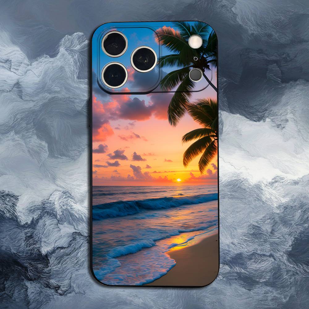 Sea Palm Trees Beach For iPhone 13,16,11,14,17,12,15,Plus,Pro Max,XS,X,XR,SE,Mini,8,7,Phone Case Soft Silicone Black