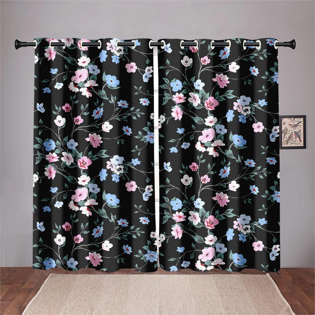 Blue Pink Floral Curtains Plant Flowers Leaves Black Background Curtains 2 Panel Living Room Bedroom Kitchen Dining Room Decor