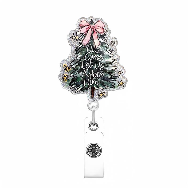 Glitter Acrylic Christmas Tree Badge Clip Retractable Keychain With Card Holder For Party Gift