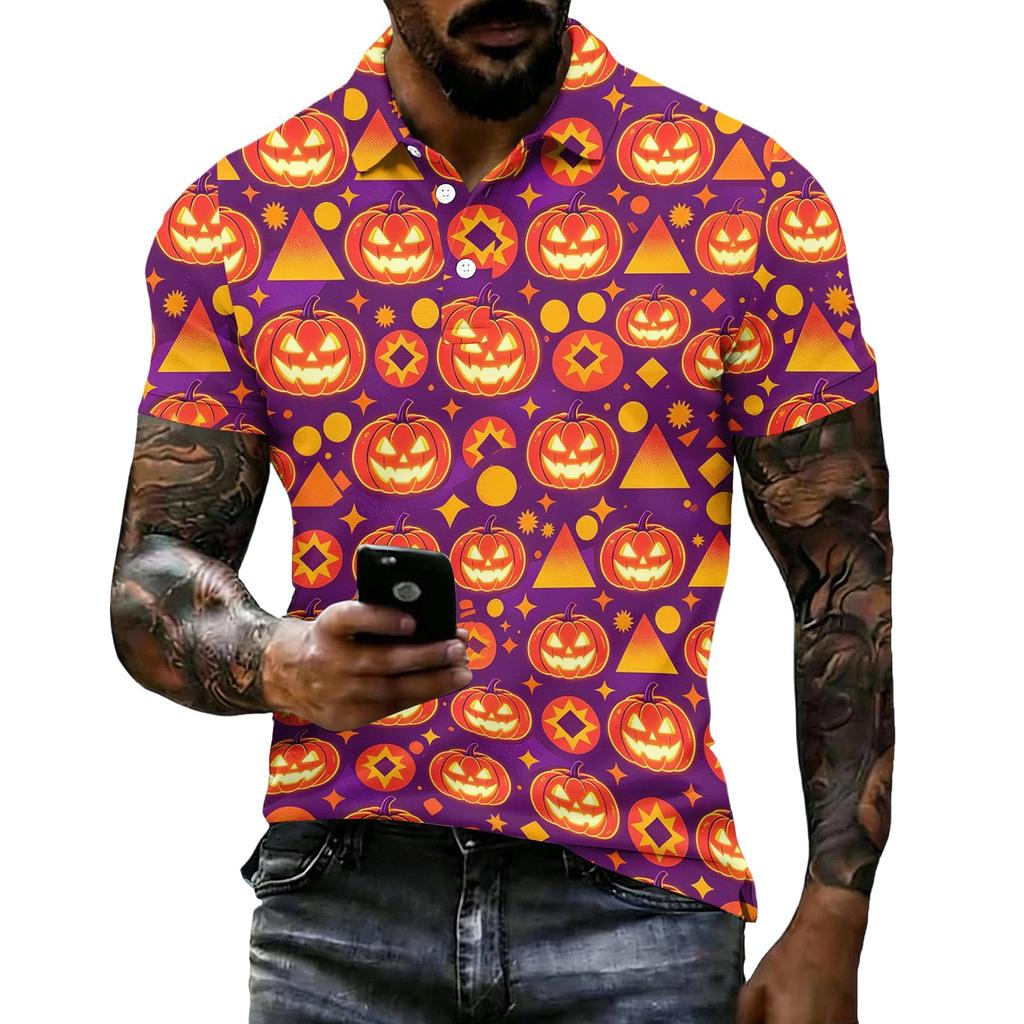 Unisex Loose Fit Casual Short Sleeve Polo Shirt with Halloween Themed Print Pullover Design for Everyday Wear