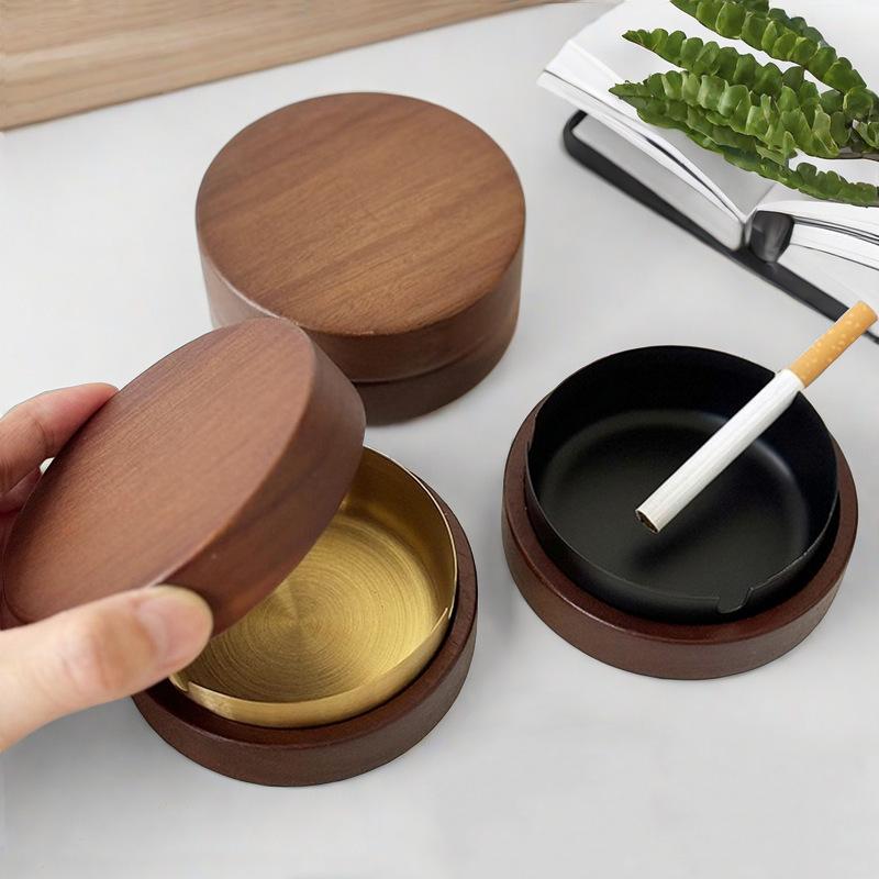 2026 New Creative Ashtray with Lid Walnut Desktop Ashtray Stainless Steel Smoking Windproof Ashtray Home Office Decoration