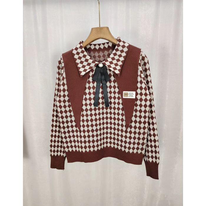 

Polo Collar Long-sleeved Checked Knitted Sweater for Women s Autumn and Winter Color-blocking Top one size кавовий