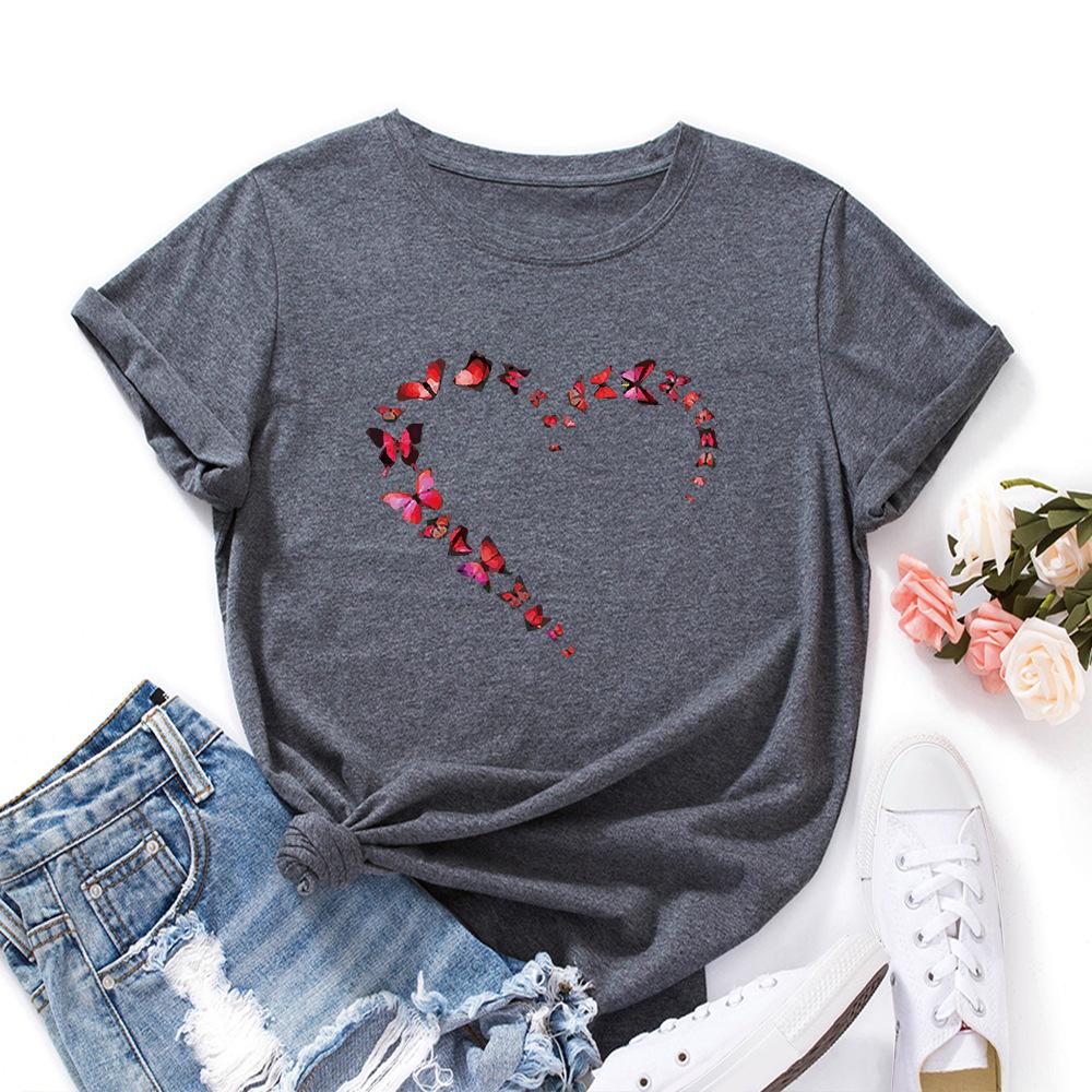 Heart Butterfly Cotton T-Shirt Short Sleeve Round Neck Women 2d Print Tops