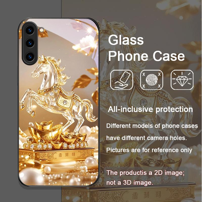 Luxury Crystal Golden Horse Pattern Tempered Glass Phone Case for Samsung Galaxy S25 Ultra S24 S23 Plus S22 S21 S20 FE M55 Cover