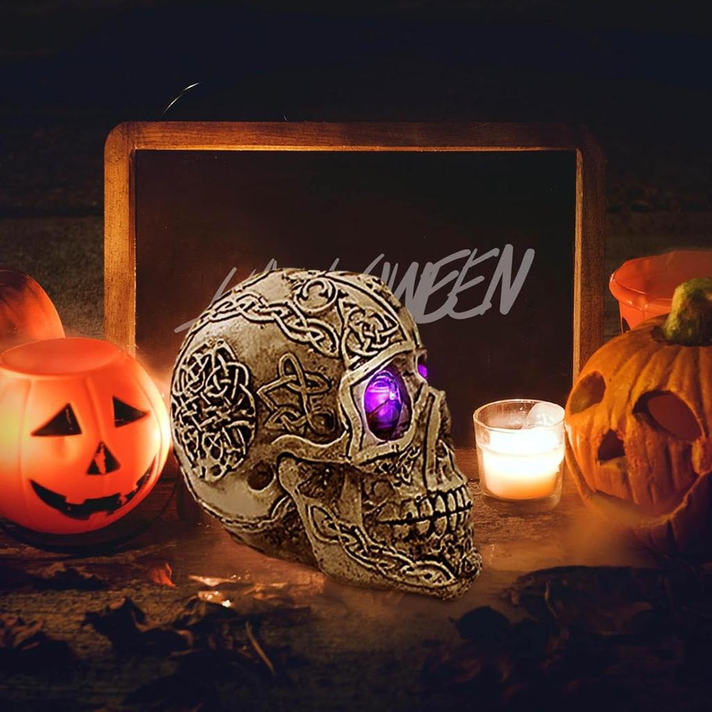 Halloween Gothic Glowing Skull, Human Skull with LED Light Up Glowing Eyes, Lighted Novelty Resin Statue, for Indoor Bar Holiday Horror Haunted House