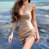 Spaghetti Strap Solid Color Satin Dress Shirring Irregular Hem Backless Sling Mini Dress Streetwear