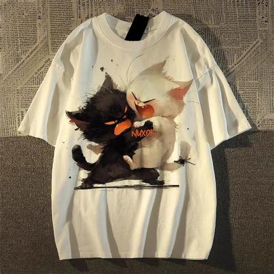 Harajuku Oversized T-shirt High Quality Tee Shirt 2025 Summer Funny Cartoon Cat Print T Shirt for Women Clothes Y2k Tops Streetwear