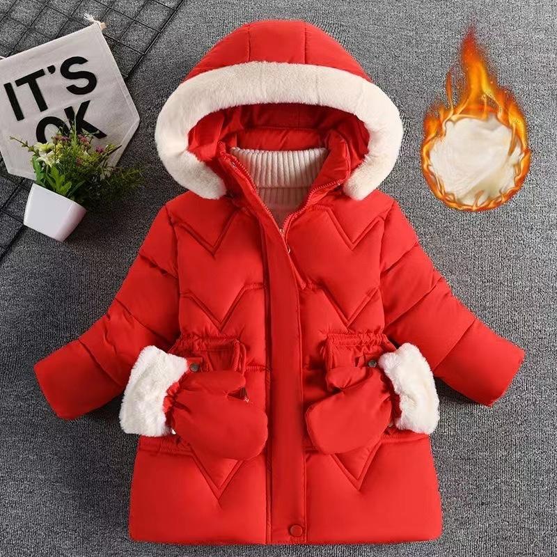 Girl'S Comfy Solid Color Long Sleeves Warm Hooded with Pockets & Gloves, Trendy Versatile Zip-Up Coat for Outdoors, Fall And Winter Best Choice