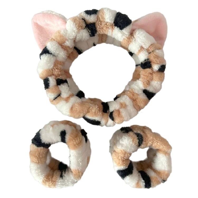 3 Pieces Plush Headband Set for Face Washing with Kitten Ears  Absorbent Wristbands for Face Washing