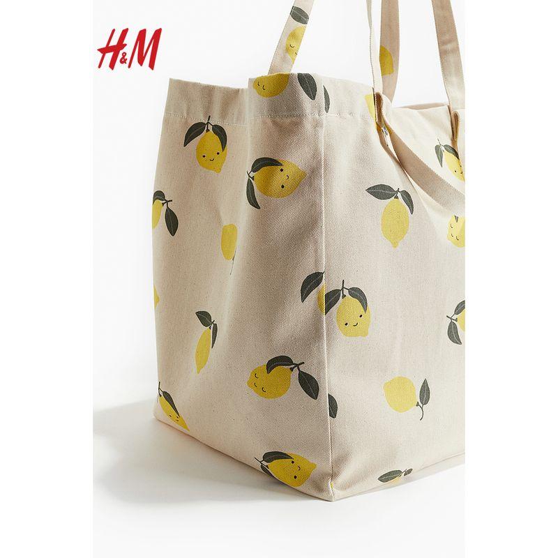

HM Lady s Bags 2025 New Canvas Bag Large Capacity Handbag Printed Shoulder Bag Beach Bag 1134173 Light beige/Lemon