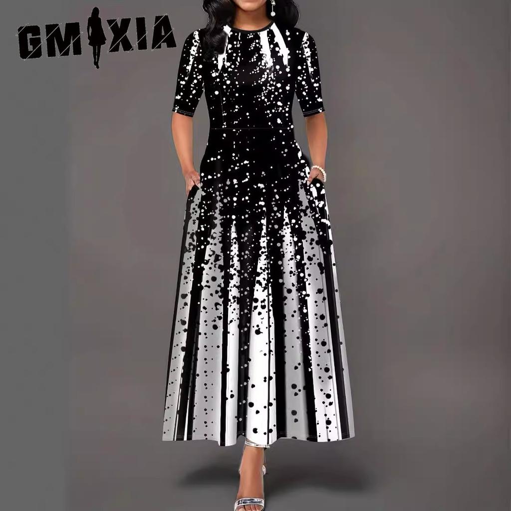 GMXIA Rochii de damă cu mânecă scurtă și guler în O, cu imprimeu gradient personalizat la modă