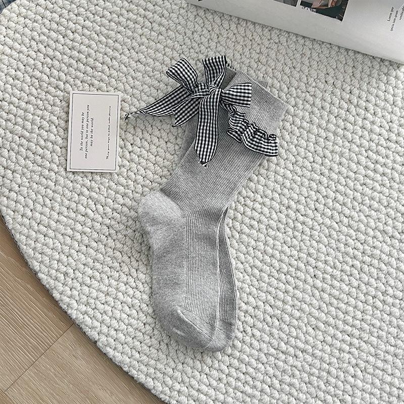 Damen Frühling und Herbst Süßer Absatz Schleife Karomuster Spitze Mittelhohe Stulpe Frottee-Socke