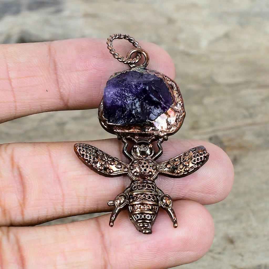 African amethyst rough pendant electroformed copper pendant handmade pendant very pretty gemstone jewelry honey bee pendant anniversary gift