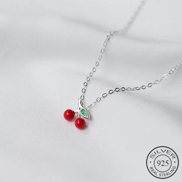 

Silver color Red Enamel Cherry Choker Pendant Necklace Fine Jewelry For Women Personality Accessories Gift