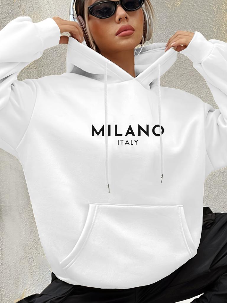Milano Italy Polyester Hoodie for Women 100% Knit Fabric Alphabet Print Casual Long Sleeve Sweatshirt with Pocket
