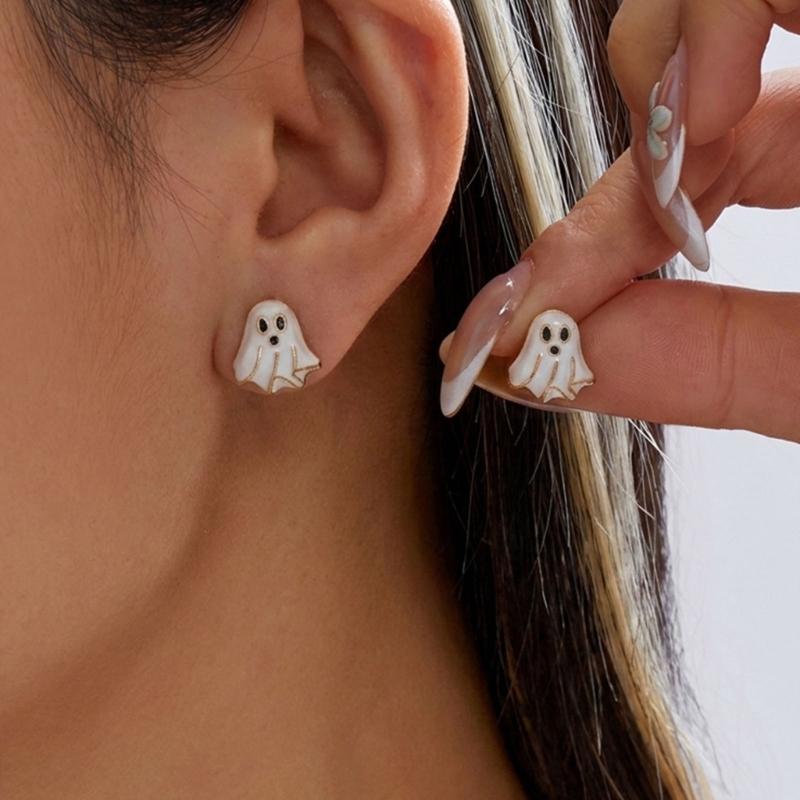 Novelty Halloween Earrings in Stud Style, Glossy Enamel Look with Gold-Tone Trim, Alloy Pair for Costume Styling