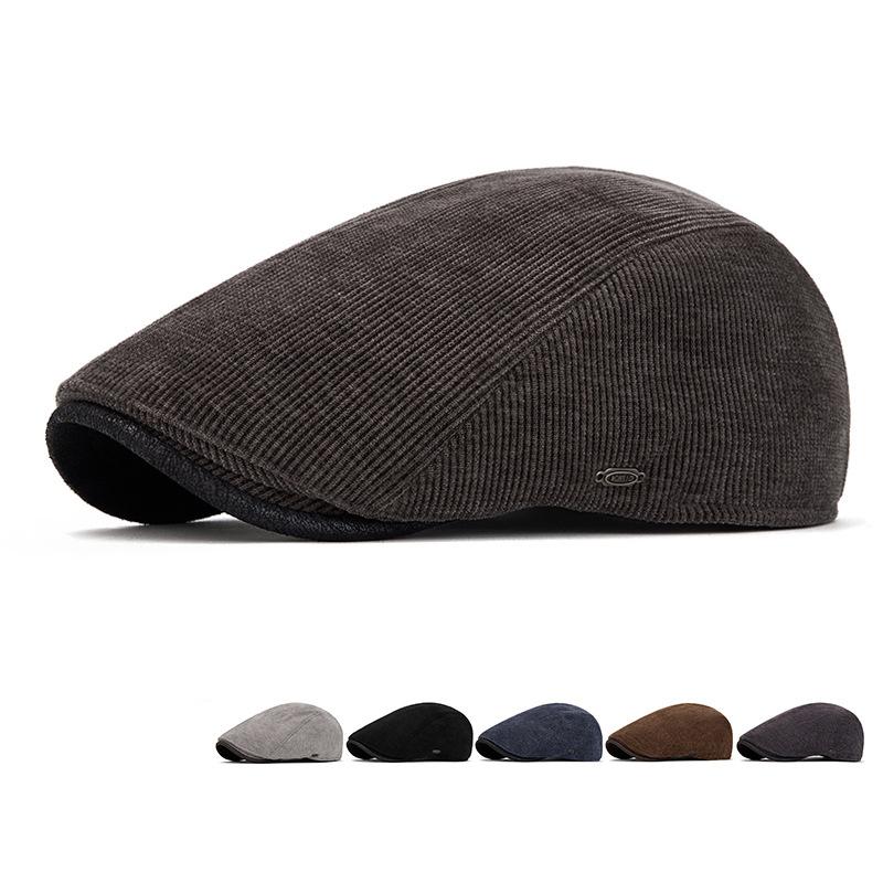 Men's Beret Autumn Winter Velvet Warm Cap British Vintage Corduroy Forward Cap Painter's Hat