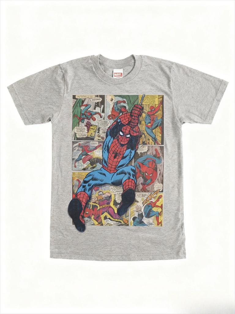Oversized Short-Sleeve T-Shirt Featuring a Vintage Marvel Spider-Man Comic Book Panel Collage with a 3D-Style Overlay of Spider-Man Swinging