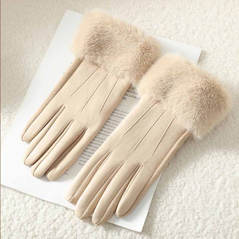 

Winter Luxury Women s PU Leather Gloves Wrist Soft Faux Fur Trim Cuff Fashion Elegant Party Warm Touch Screen Drive Cycling бежевий