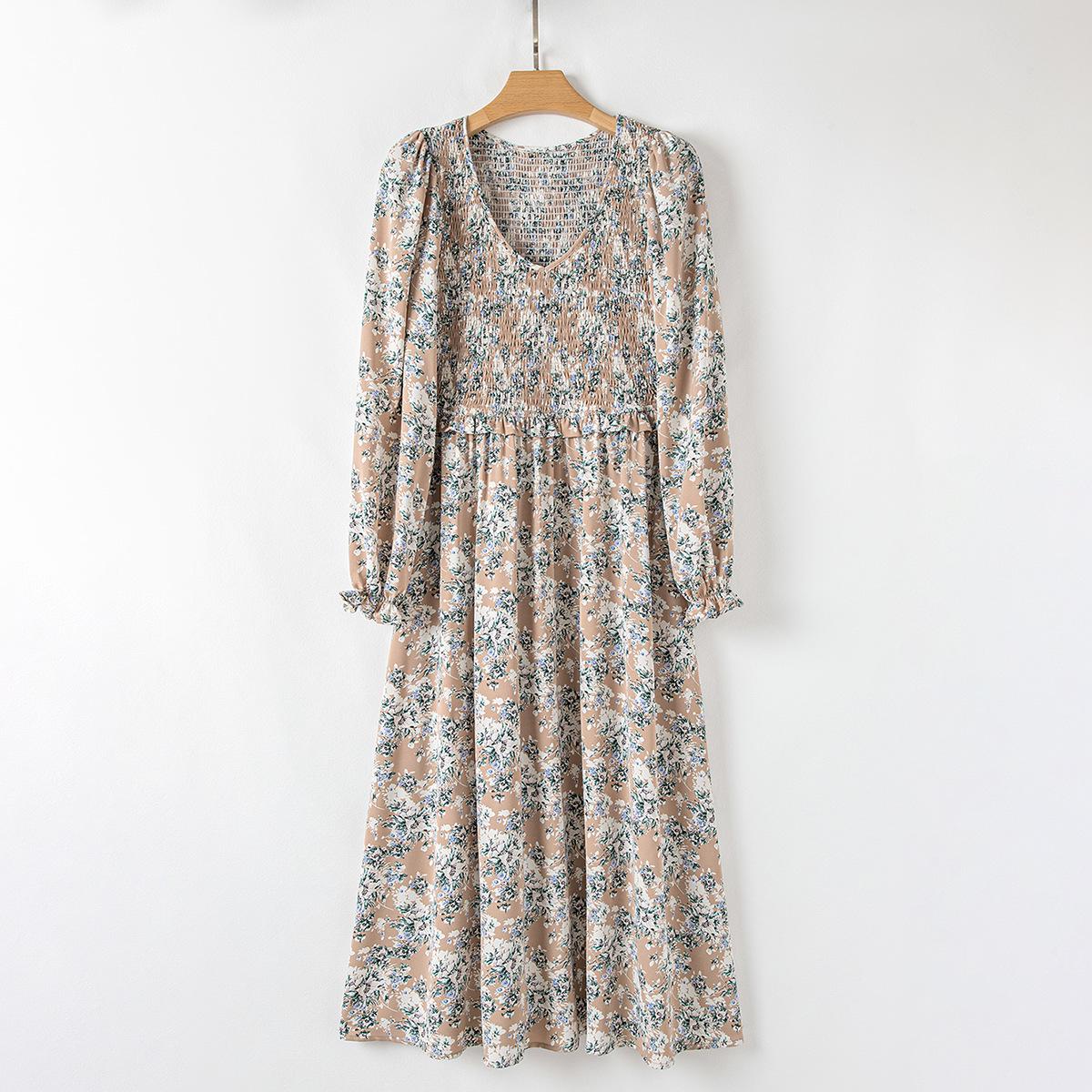 

Shiying Women s Floral Print V-Neck Maxi Dress with Ruched Waist and Long Sleeves - Retro Style M хаки