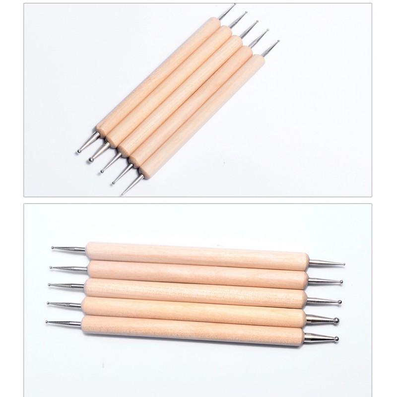5-Piece Wooden Handle Nail Art Dotting Tool Set Polka Dots Rhinestones Flower Patterns Gel Polish Design