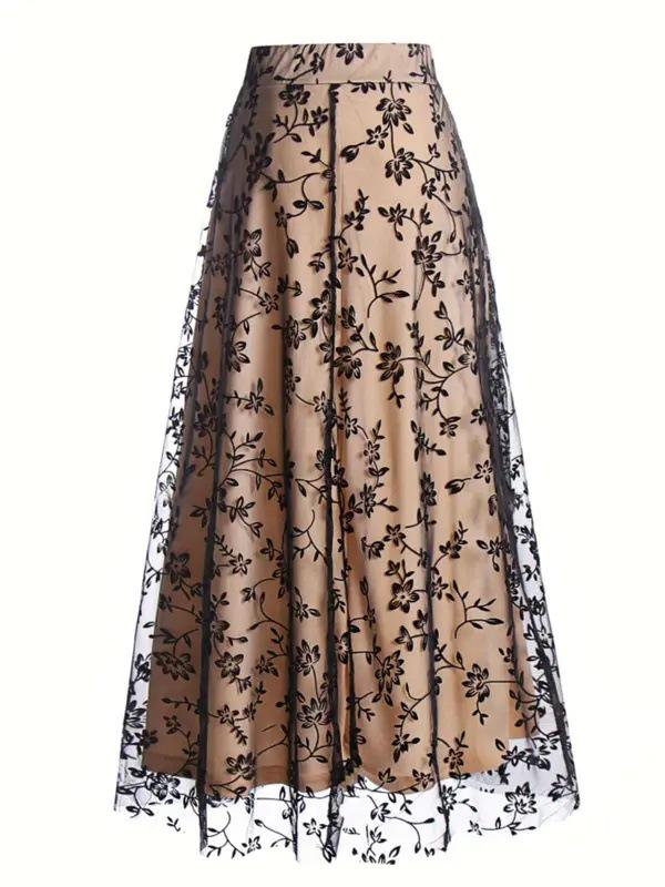 Elegant Floral Mesh A-line High-waisted Skirt for Women