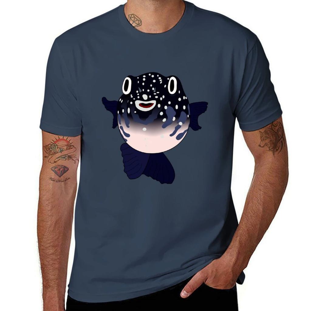 Pufferfish In Blue Tshirt Basic Casual Wear Short Sleeve Top