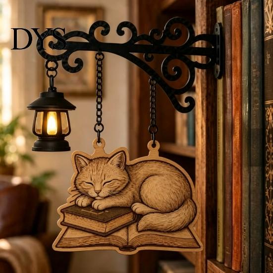 Cat Decor for Book Lovers Vintage Bookshelf Light with Sleeping on Design, Retro Lantern Unique Craft Gifts Students Lamp Reading, Decorative