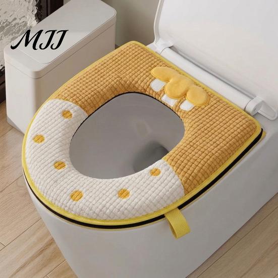 U-shaped Washable Toilet Cover Soft Plush Seat Cover, Thick Bathroom Pad with Zipper And Cute Cartoon Protector Handle, Warm Skin-Friendly Cushion for