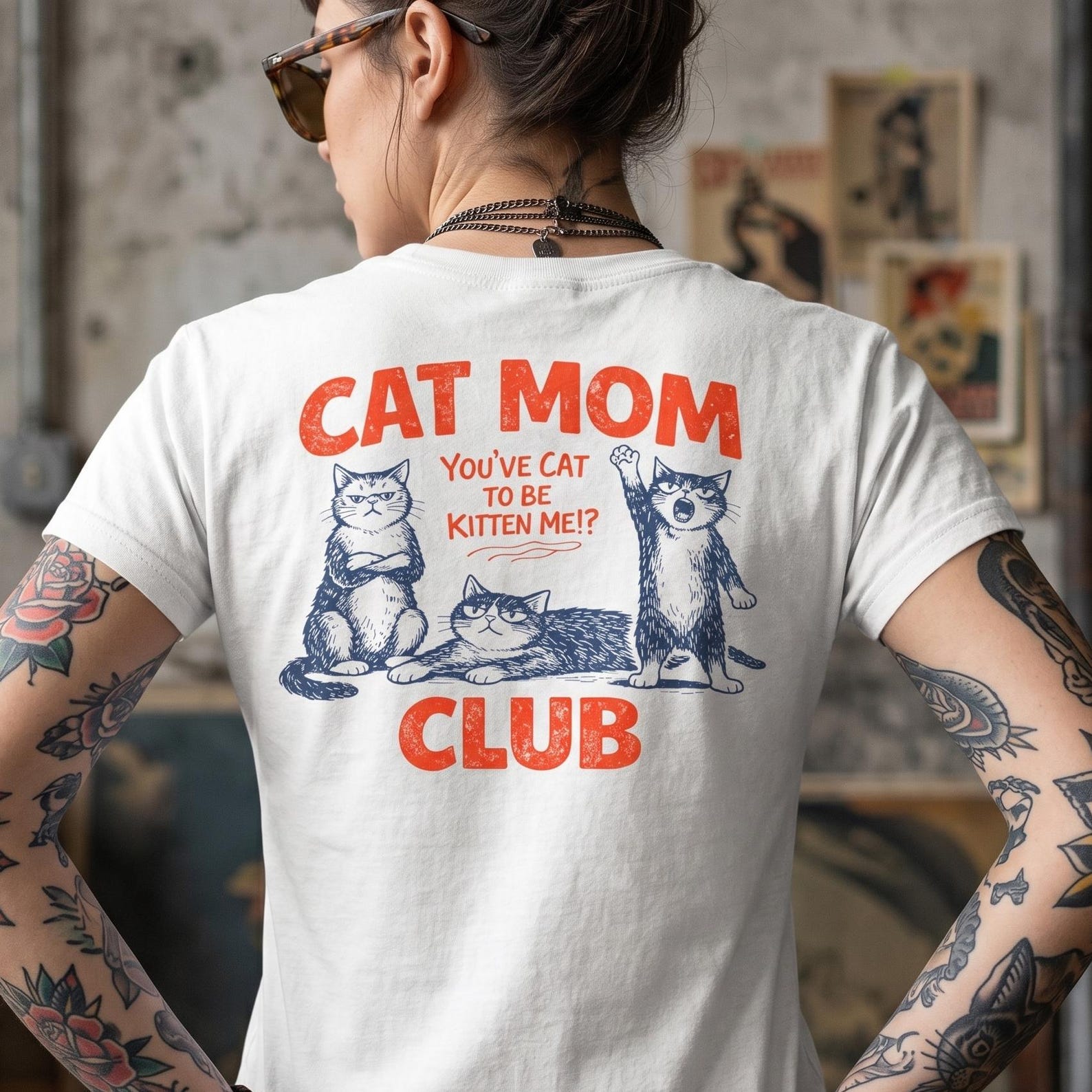Cat Mom Club Shirt, Retro Cat Graphic Tee, Garment-Dyed Cotton Top S