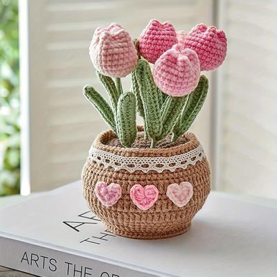 Car Ornament Preserved Flower Ornament Bonsai Gardening Handmade Crochet Lucky Tulip Bonsai Simulation Living Room Decoration