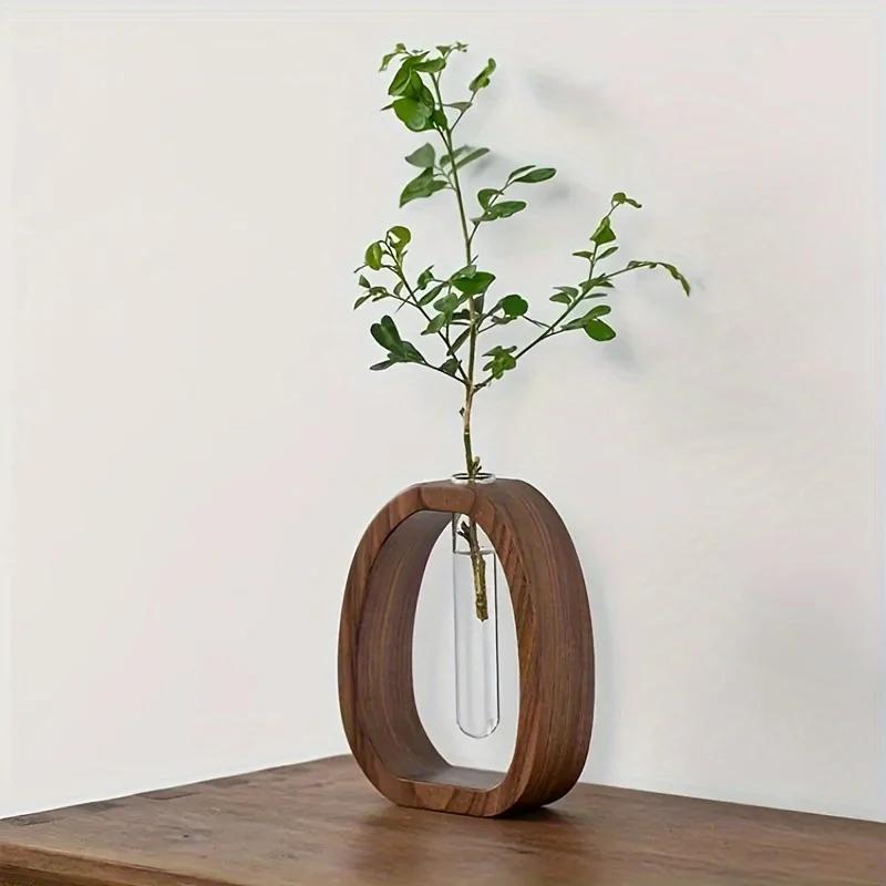 1pc Walnut Solid Wood Flower Set Hotel Decoration Simple Glass Plant Flower Arrangement Mini Aquatic Vase Hydroponic Flowerpot